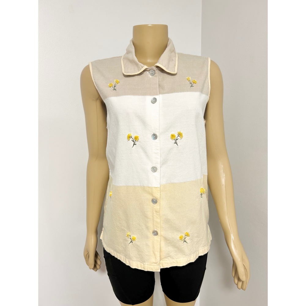 VTG Y2K Lemon Grass Women Large Cotton Sleeveless Button Shirt Floral Colorblock